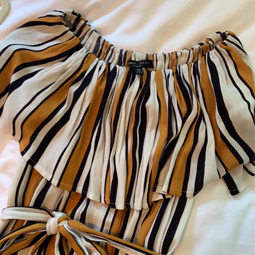 Romeo & Juliet Couture Striped Off-Shoulder Maxi Dress in Mustard, Black & Cream - Picture 3 of 6